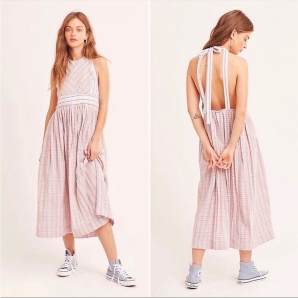 Free People Color Theory Plaid Open Back Tie Apron Relaxed Midi Dress Size XS - Picture 1 of 11